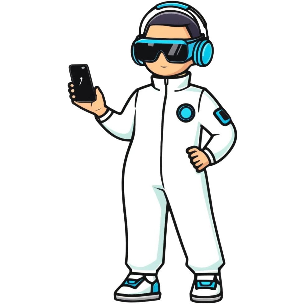 Futuristic human wearing sleek jumpsuit with tech gadgets, augmented reality glasses, and glowing accents emoji