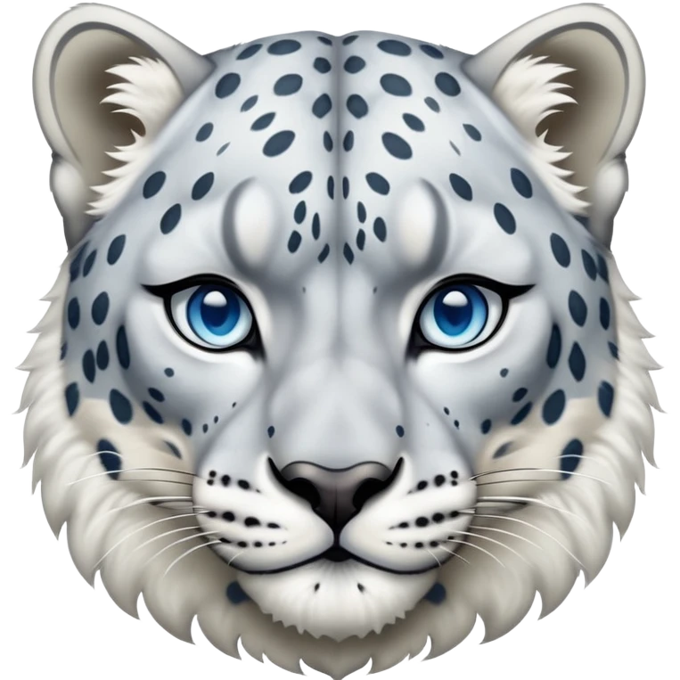 Cinematic-Noble-Snow-Leopard-Portrait-Emoji – Poised and majestic, with a muscular, agile build and a beautifully patterned coat of soft white and grey fur, marked with striking rosettes, deep-set, intelligent icy blue eyes, simplified yet sharp and sophisticated. zoomed out  emoji