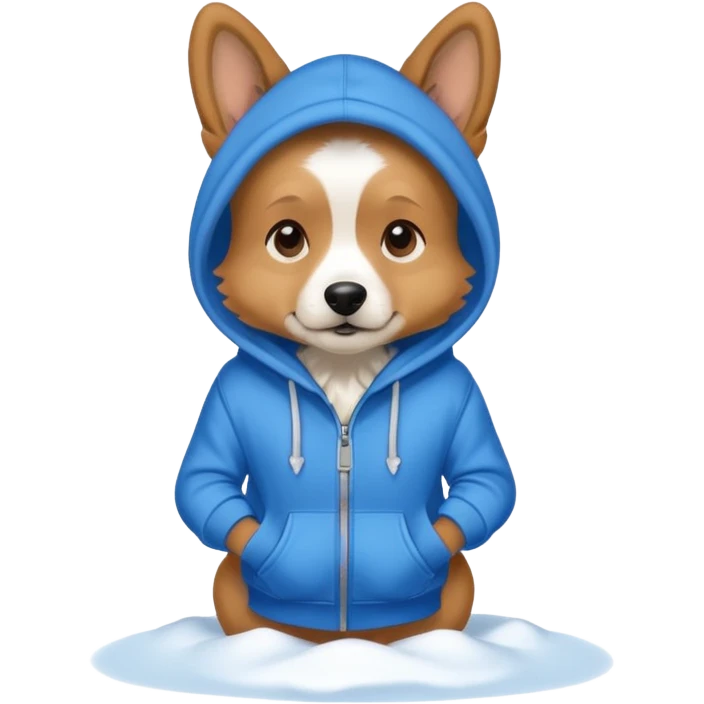 Dog wearing a blue hoodie on a snowy morning  emoji