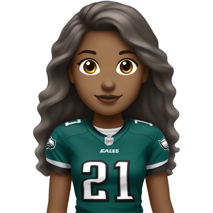 girl with brown hair, brown eyes, fair skin. silver earrings, long hair. wearing Philidelphia Eagles gear emoji
