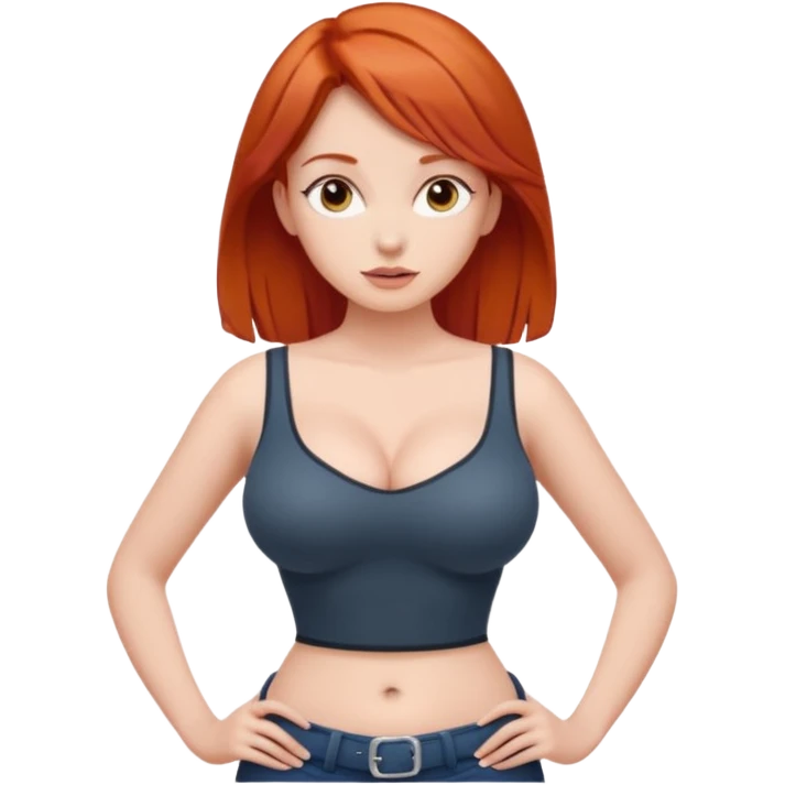 Naked red haired girl with hands on hips and big boobs.  She is not wearing anything at all.  Her waist is thin and her hips are wide emoji