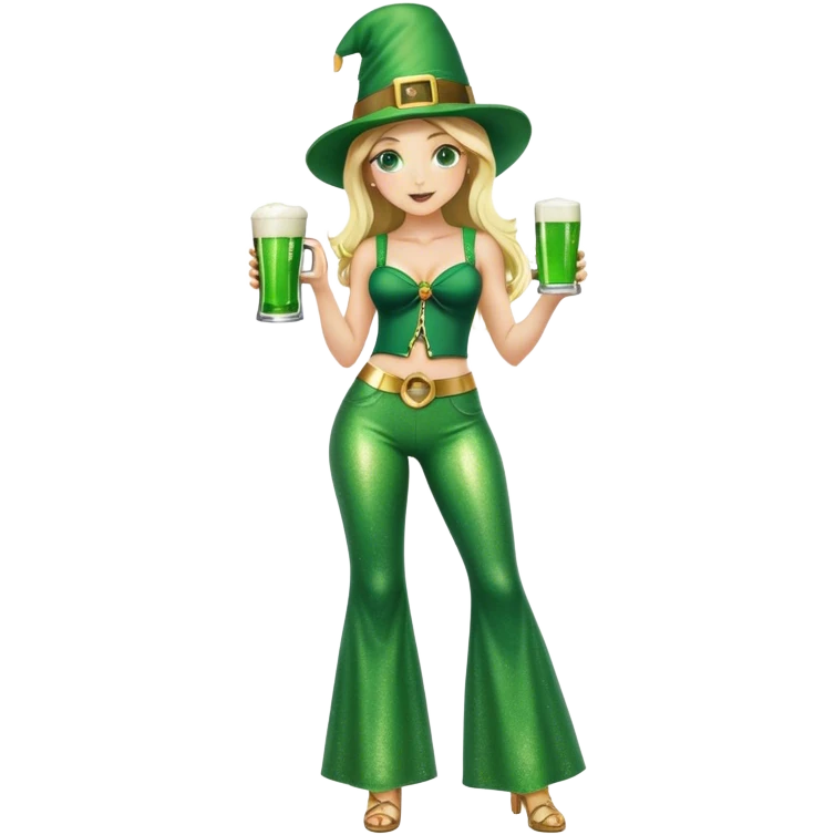 Blonde haired girl in glittery green bell bottoms and tall leprechaun hat holding a green beer emoji