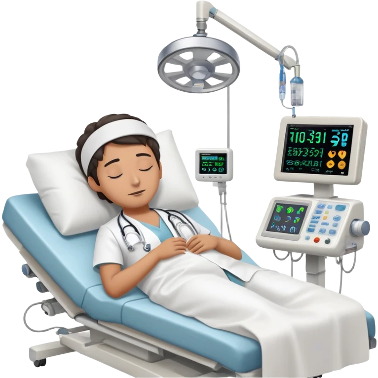 Hospital room with sleep study setup, hospital bed with sleeping patient, doctor in white coat, EEG machine, brain wave monitors, and hospital equipment emoji
