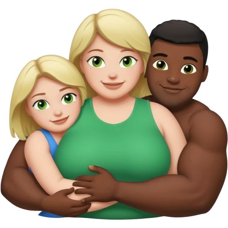 Fat white girl green eyes hugging two muscular black men  emoji