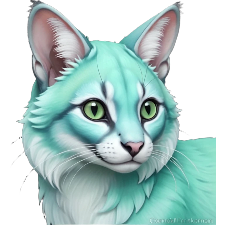 Colorful dark realistic tropical iridescent pale light jade-green, mint-blue, whitish pastel white glorious divine exotic cute cool beautiful shiny beautiful fantasy-caracal-civet-genet-sergal-vernid-Cacomistle-Trico-oncilla-animal-Fakémon-hybrid-fursona (full body) emoji