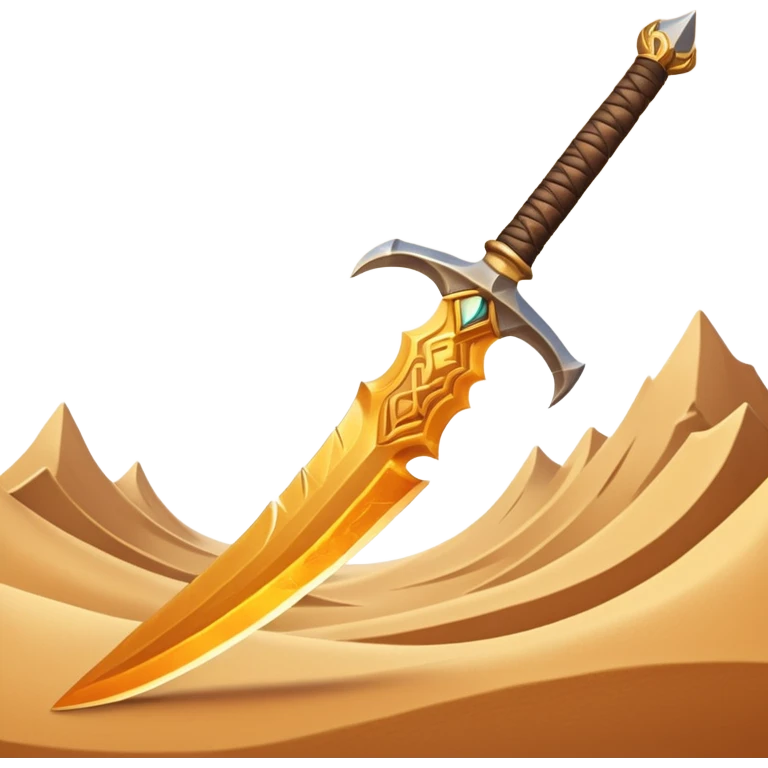 desert sand sword object icon, curved scimitar blade, sand-carved patterns, glowing amber runes, sandy aura around edge, fantasy desert weapon, 3D cartoon, mobile game icon style, centered, clean background, no text, no watermark
 emoji