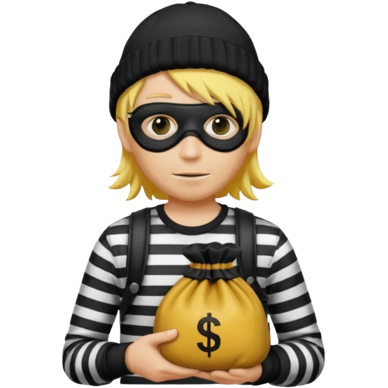 A yellow guy with a black beanie white black striped shirt a black mask for it's eyes and holding a money bag with yellow hair emoji