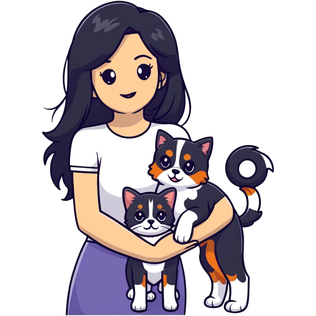 woman with long black hair holding an American Shorthair cat and a Cavalier King Charles Spaniel dog emoji