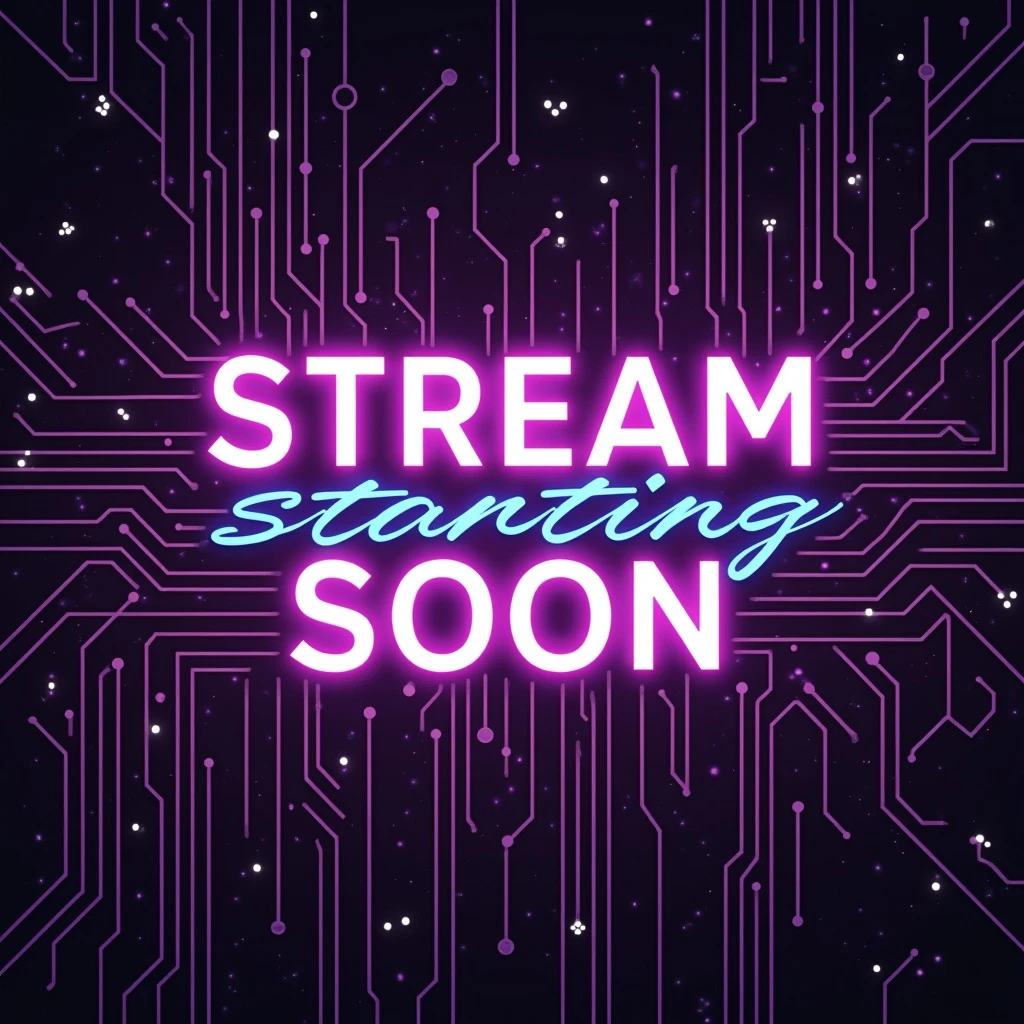 cyberpunk inspired text overlay, 'stream starting soon', lavender neon, circuit patterns, high-tech vibe emoji