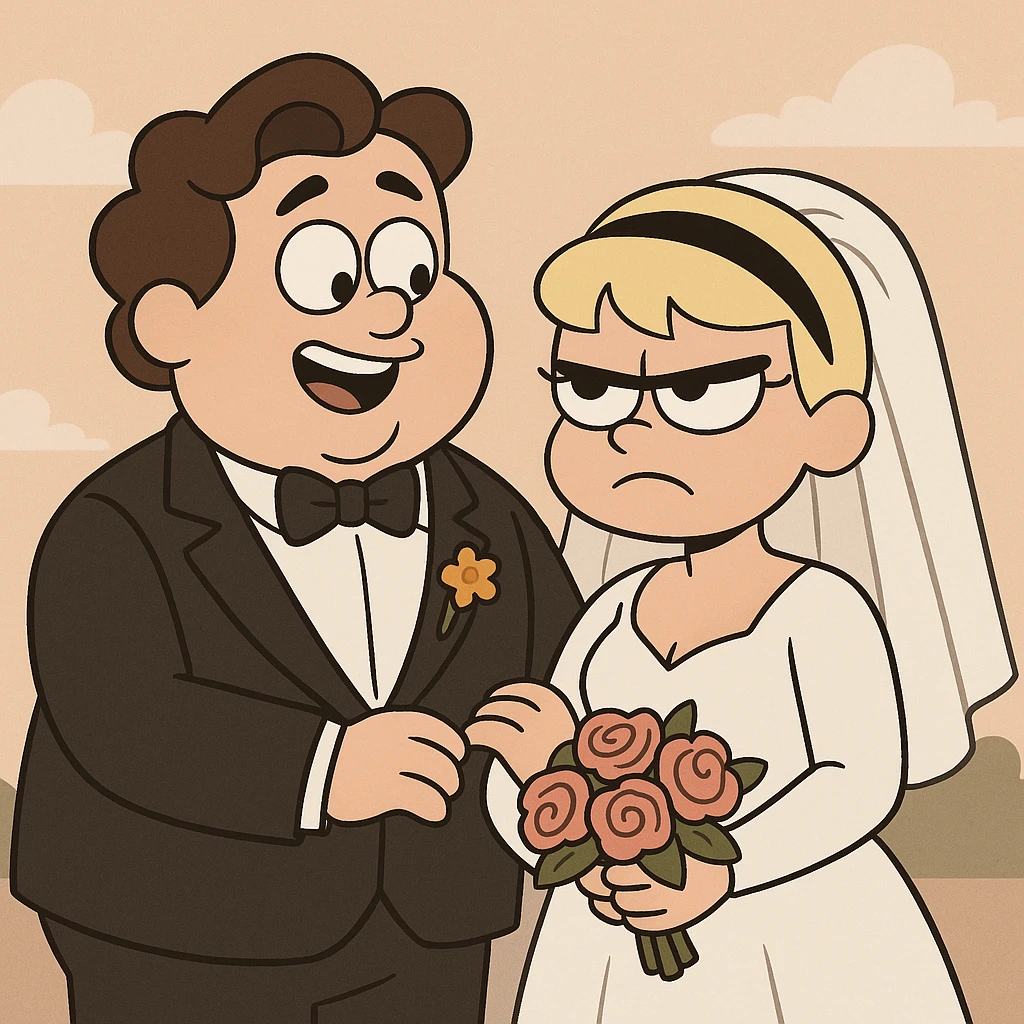 Georgie and Mandy inspired by the reference photo, in wedding outfits, cartoon style, wedding scene, flat toon style emoji