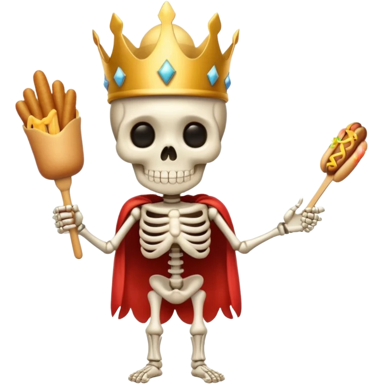 A cute skeleton wearing crown and holding hot dog full body emoji