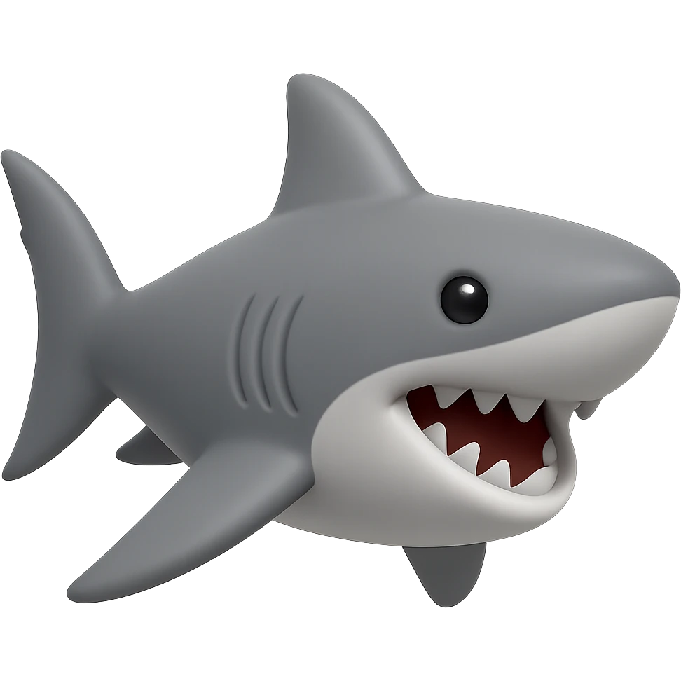 Edit the shark emoji to have a smooth, cartoonish, 3D emoji look in gray color, no legs, no sneakers, no background, just the shark with mouth open, inspired by the provided reference image. emoji