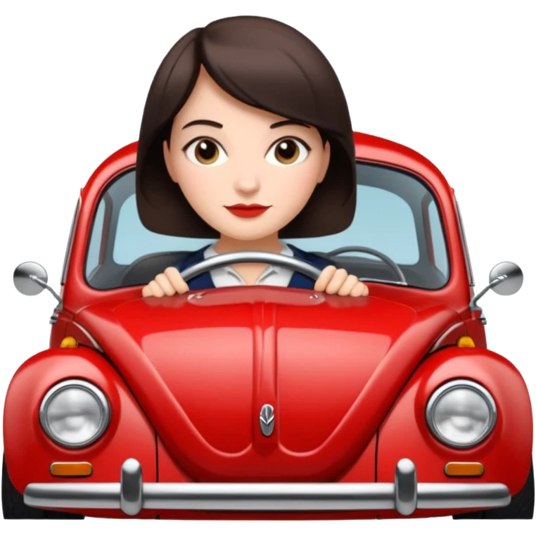 Pretty, sexy, slightly curvy white woman with short dark brown hair, driving a VW beetle emoji