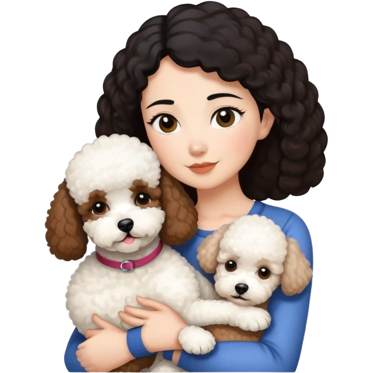 woman with short black hair hugging a brown poodle and a white bichon frise emoji