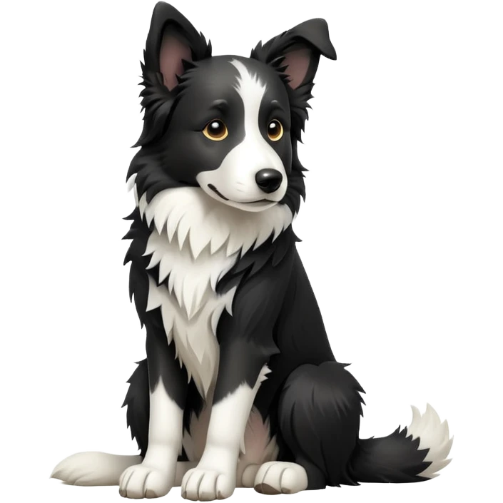 cinematic-[border collie dog]-realistic-full-body-sitting-emoji,-tail-resting-loosely-beside-its-paws,-head-tilted-dramatically,-scruffy-[black and white]-fur,-simplified-yet-realistic-focused-features,-highly-detailed,-glowing-with-an-almost-sarcastic-glow emoji