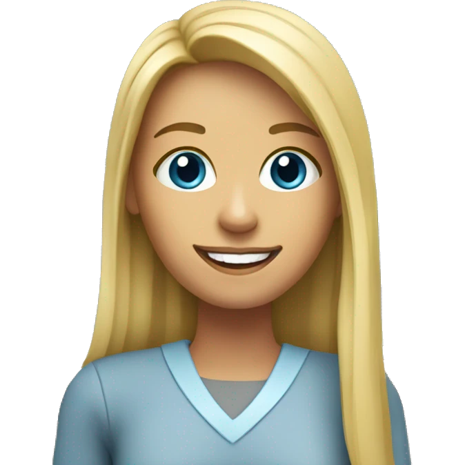 Create an emoji of a young blonde teacher, with long straigh hair, smiling, with pink mouth and a blue clothe emoji