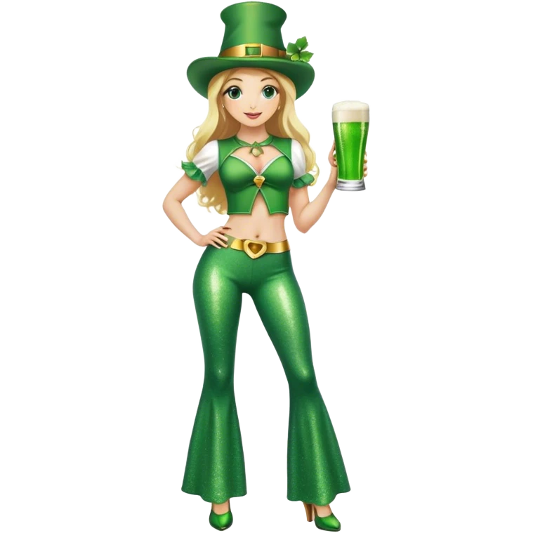 Blonde haired pretty woman in glittery green bell bottoms and tall leprechaun hat holding a green beer emoji