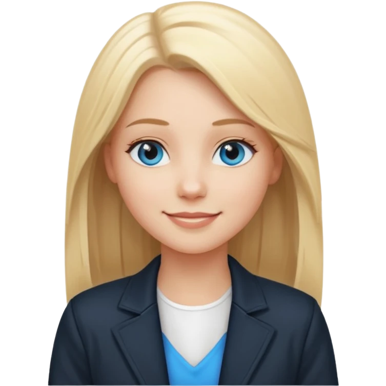A white girl with long straight blonde hair, blue eyes and a white dress with a smiling black jacket emoji