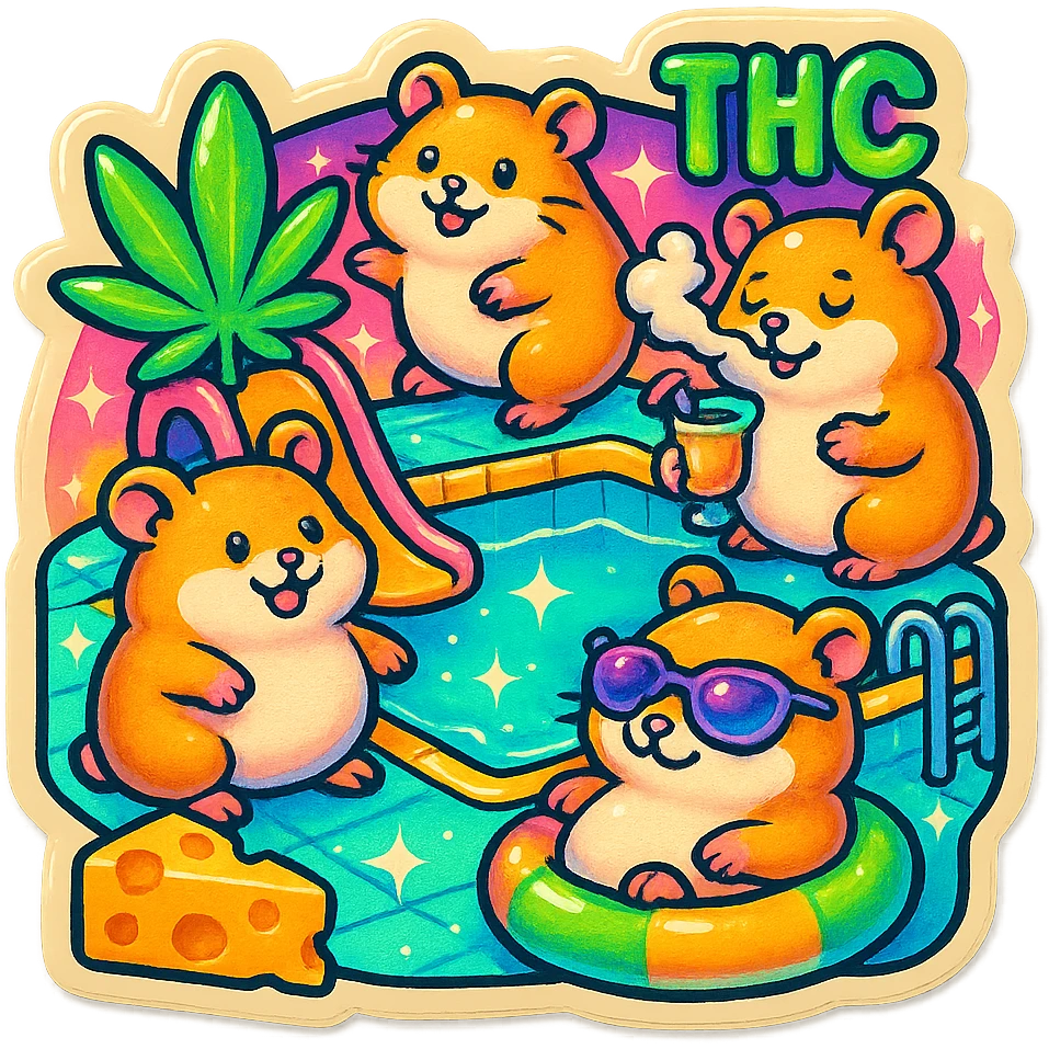 square Discord server icon, retro sticker style, hamsters at a pool party with weed, cheese, THC theme, bright nostalgic colors, sparkles, bold outlines, centered clear playful composition emoji
