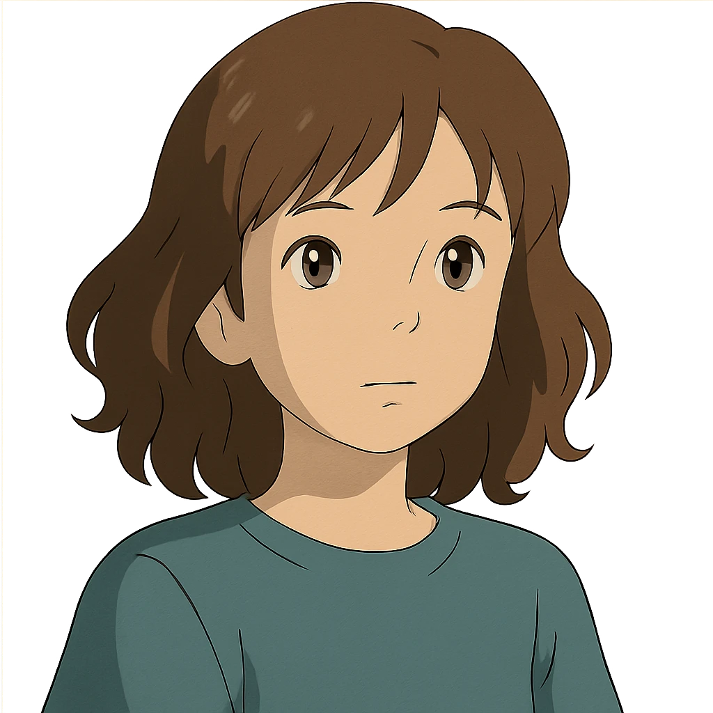 portrait of an Asian girl with medium brown wavy hair and brown eyes, paler skin tone, ghibli style emoji
