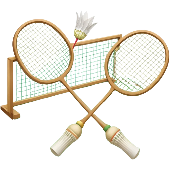 Two crossed badminton rackets with a shuttlecock resting in between, set against the faint outline of a badminton court. The image highlights the tools of the sport, with a subtle emphasis on the court's net and boundaries, symbolizing competition and skill. emoji
