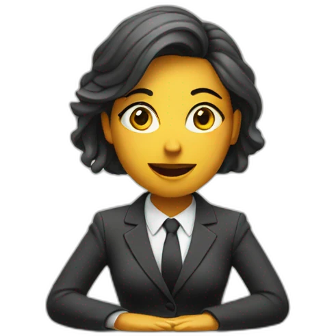 Woman wearing a suit sitting on the table telling the news towards the camera emoji