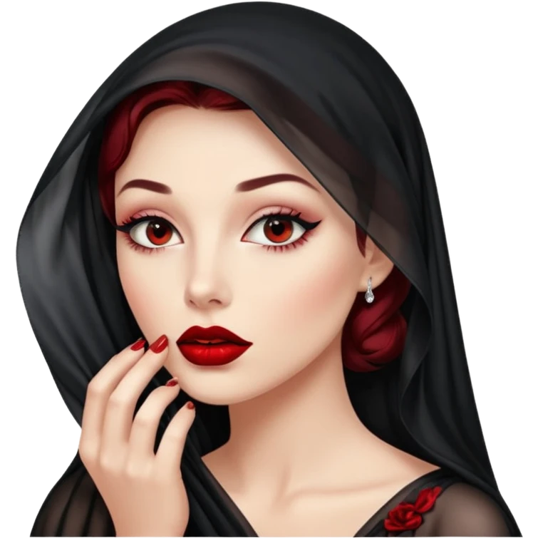 Female figure lifting sheer black veil from her lips, forbidden intimacy emoji