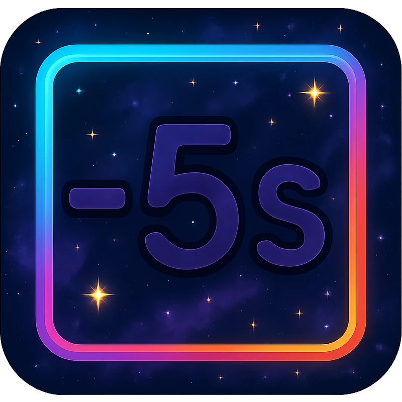-5 sec icon, modern clean minus and 5 with neon border and glowing effect, dark purples blues blacks base, nebula gradients, small bright stars, specular highlights, luminous look emoji