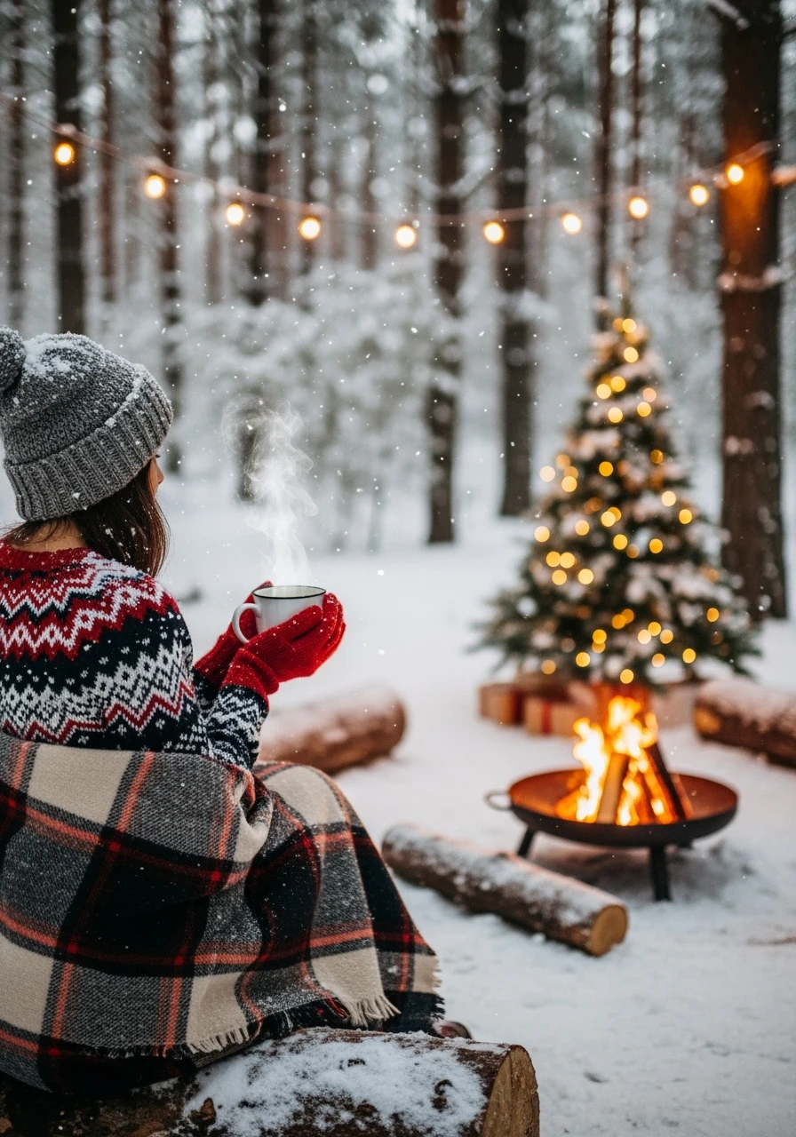 A cozy Christmas scene in the forest with a person holding a hot mug of coffee emoji