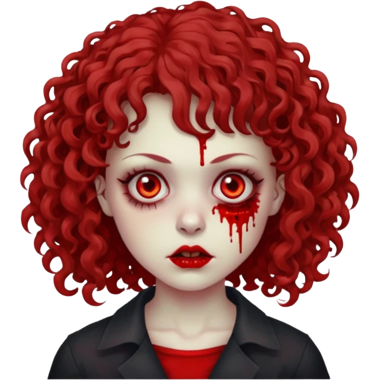 Faça uma mulher zumbi com o cabelo cacheado médio, e uma franja cacheada emoji