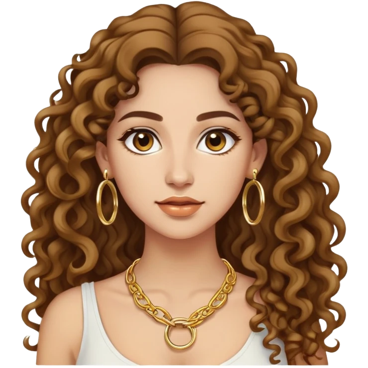 attractive Greek woman with long curly hair and light skin wearing gold hoop earrings and a gold necklace emoji