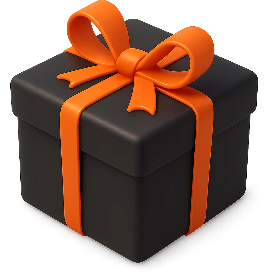 3D black square gift box, orange ribbon tied in a bow, isometric angle emoji