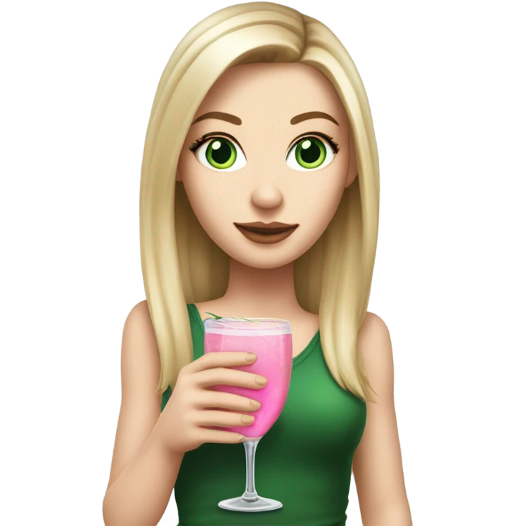 Realistic White girl with Long straight blonde hair, green eyes, tattoos, full body wearing dress and High heels, holding pink drink emoji