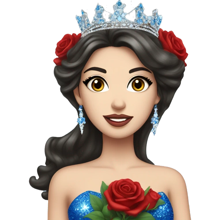 White girl Beauty queen with dark hair, wearing a “Miss Massachusetts” sash and wearing a crown and blue sparkly dress holding red roses emoji