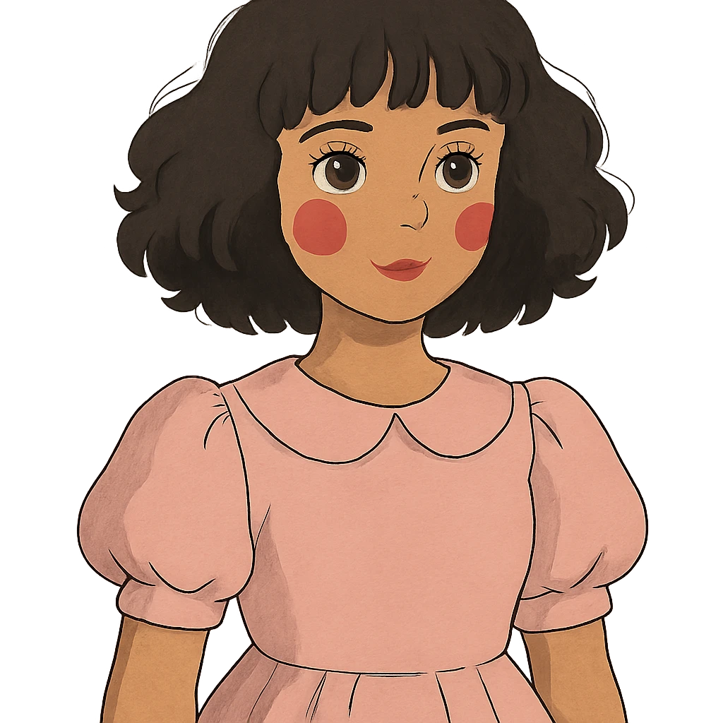 ghibli style personagem de pele parda, cabelos cacheados pretos de comprimento médio com franja, olhos castanhos, maquiagem de boneca, vestido rosa claro emoji