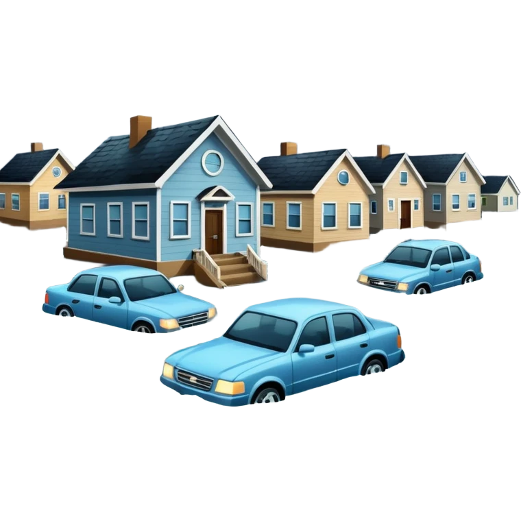 showing a flood disaster scene with strong water waves overflowing streets, partially submerged houses and cars, dark cloudy sky emoji