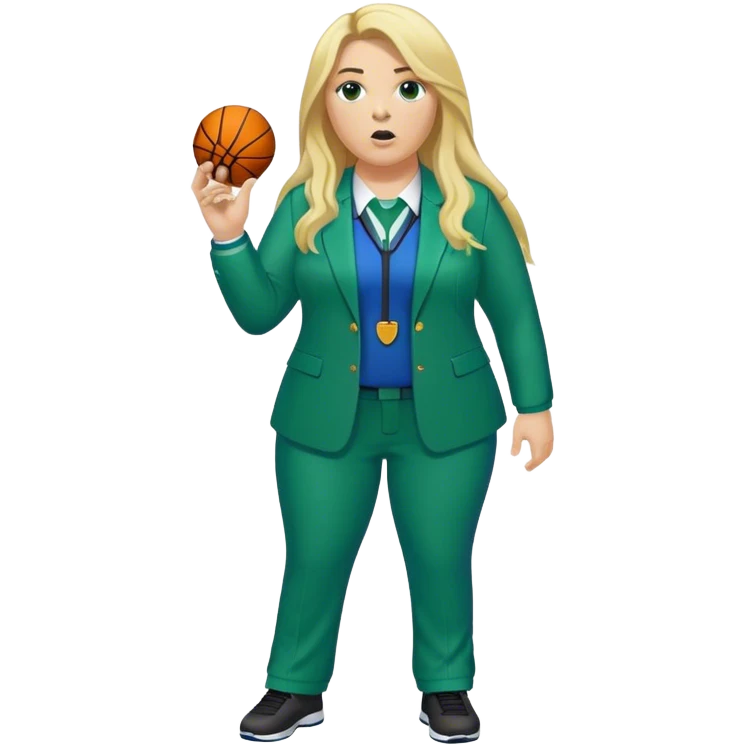 Full Body white plus size female basketball head coach using a whistle with long blonde hair in a blue and green suit emoji