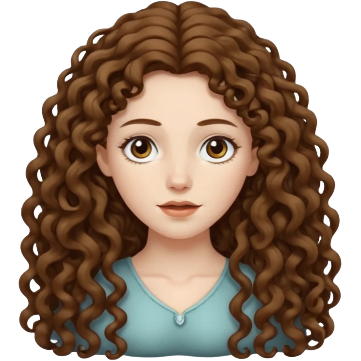 pale woman with brown curly very long hair, middle part. the hair is very very very very very very long, so long, you can't see the ends. the hair is very heavy and goes down to her feet emoji
