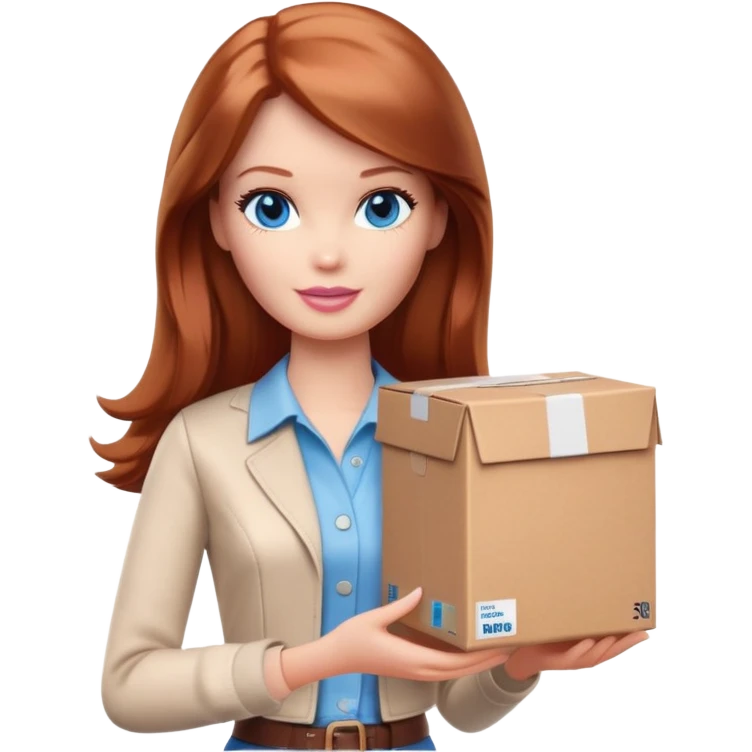 Barbie with blue eyes, shoulder-length reddish-brown hair in white and brown clothes holds a package box emoji