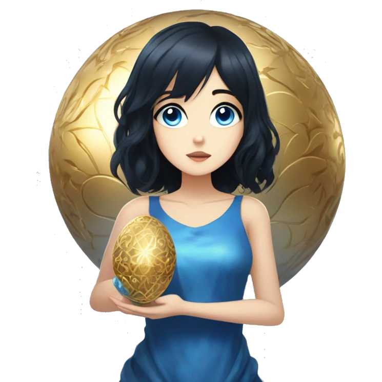 anime girl with blue-black hair, blue eyes, gentle and beautiful, mysterious, holding a golden Faberge egg in her arms emoji
