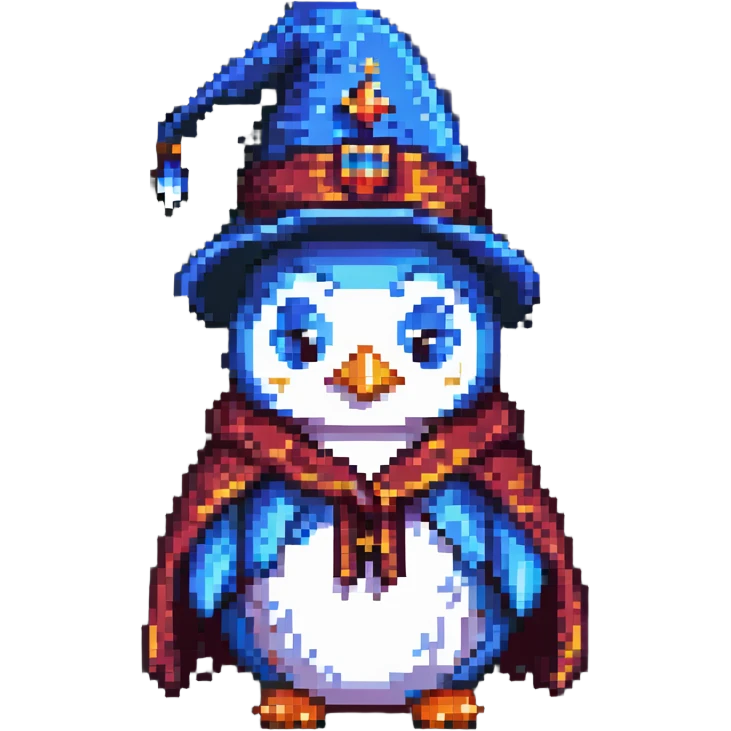 penguin wearing a wizard hat and robe pixel art emoji