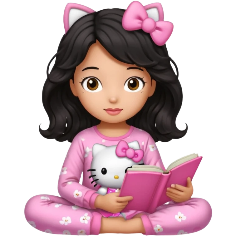 Chica peli negra  cabello ondulado tes trigueña con una pijama rosa de hello kitty leyendo un libro rosa de haditas  emoji