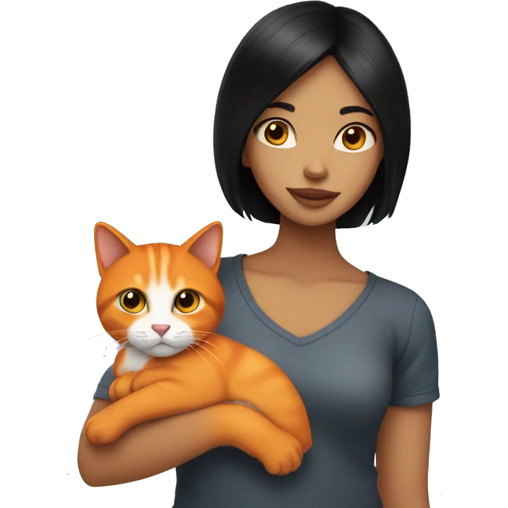 Girl with black hair holding orange cat  emoji