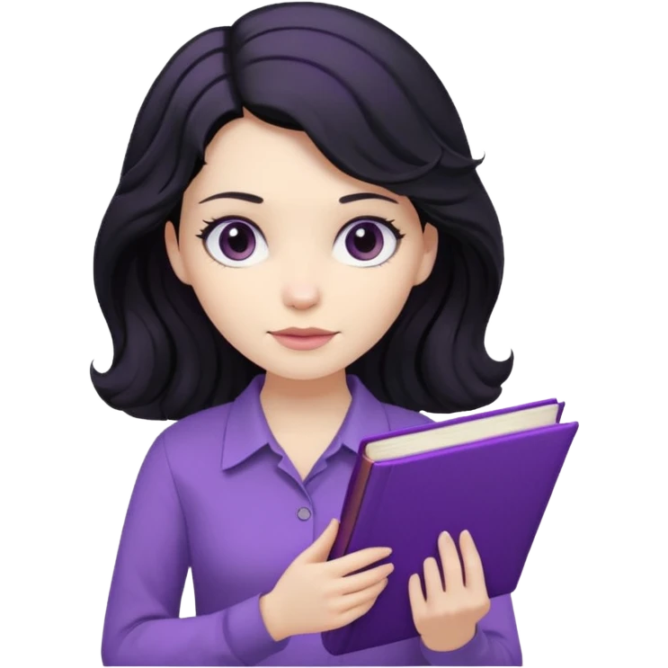 Long Hair Women with Black wavy hair, with purple Book, beige shir, without background emoji
