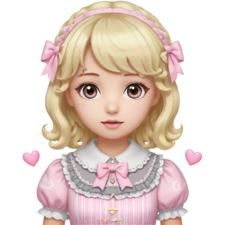 pale girl, medium length curly hair with blonde and baby pink swirls, bangs, grey eyes, doll-like makeup, light pink lolita hime gyaru dress, emoji style emoji