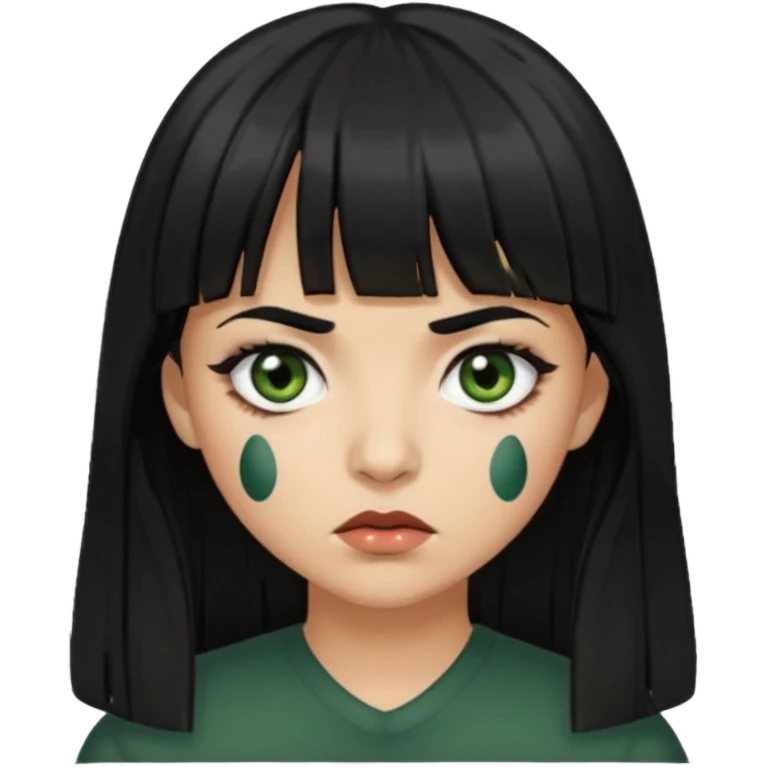 Mulher de franja cabelo preto pele verde bem escuro com a cara machucada com os olhos regalado fundo escuro cabelo longoo emoji