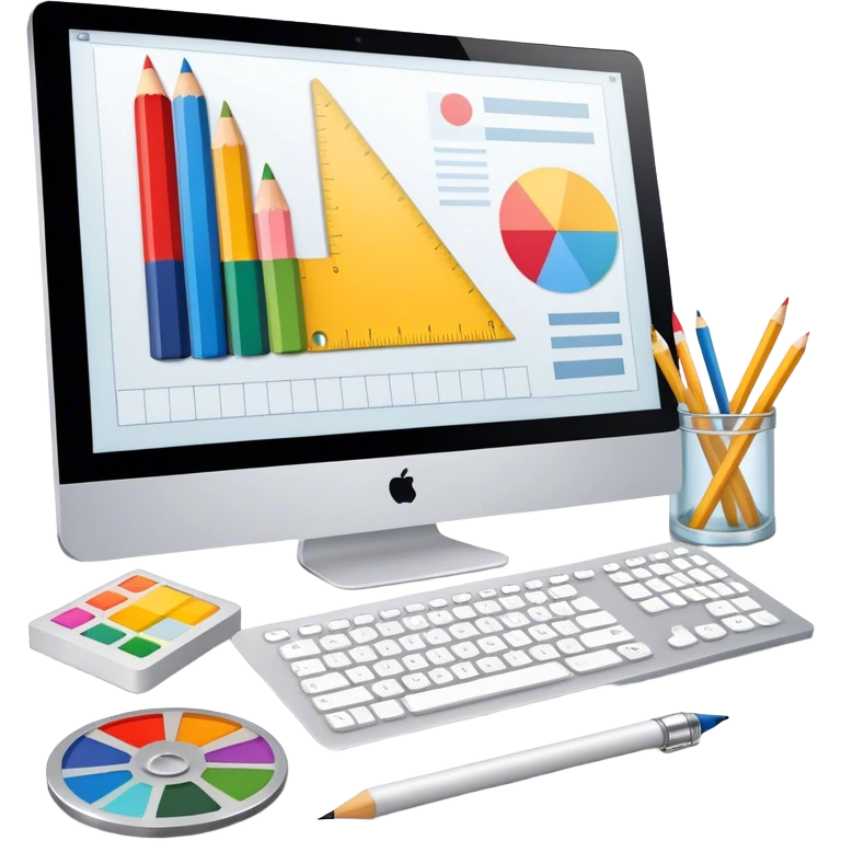 Professional emoji for Graphic Design: a computer screen displaying a design layout, vector shapes, a color palette, and design tools like a pencil and ruler. The icon should represent creativity and precision in graphic design. Transparent background. emoji