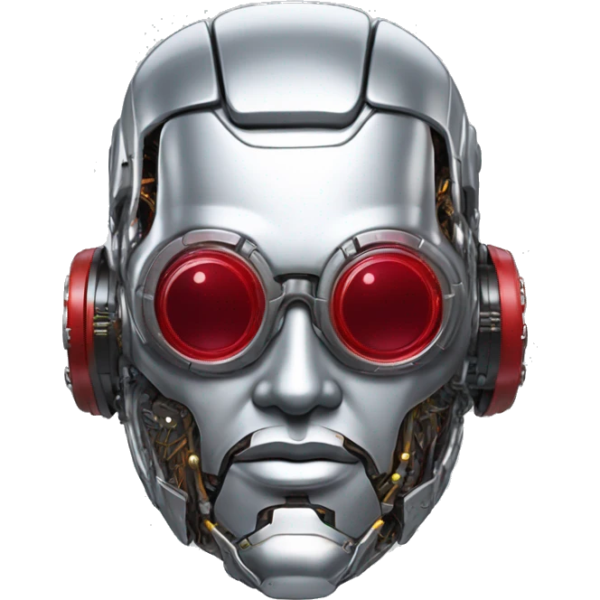 Silver round male cyborg head with red goggles, goatee and circuits emoji