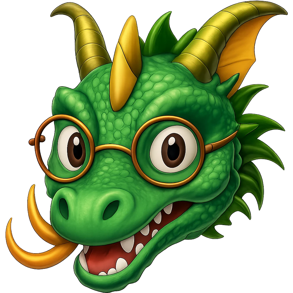 Add small round glasses to the old dragon for a wise look in emoji style with no background. emoji