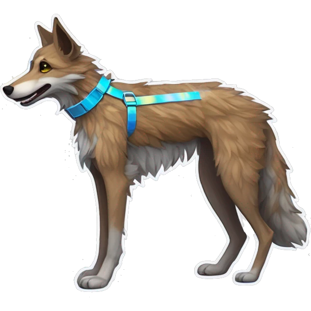  brindle fluffy lurcher fox running blue eyes fluffy ears and iridescent holographic oilslick harness wearing paper flower crown yellow caution tape neon sign emoji